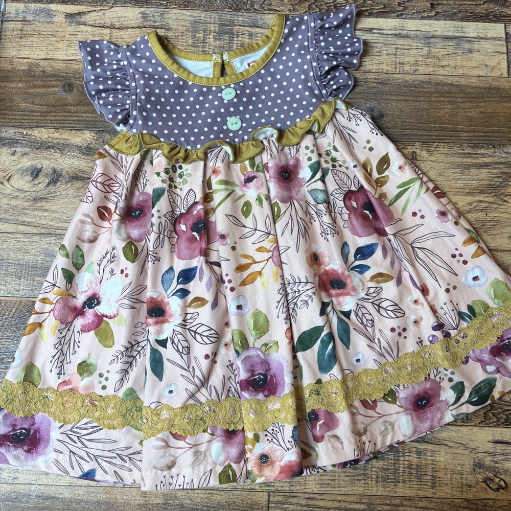 Cheeky Plum Floral Ruffle Dress Toddler Girl 4T Lace Trim Polka Dot Keyhole Back